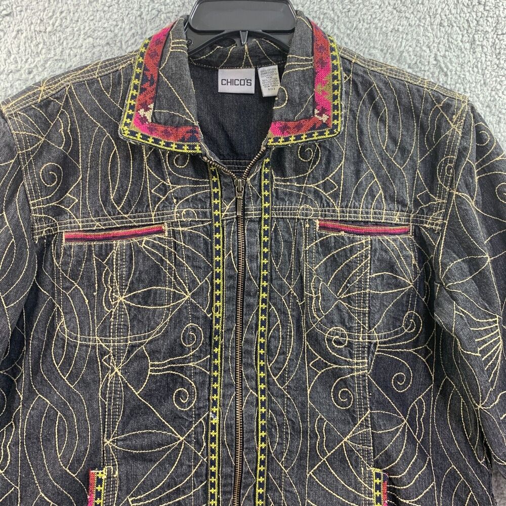 Chicos Denim Jacket Tribal Art Zip Cotton sz 2/ Large 12 Embroidered - Picture 7 of 13